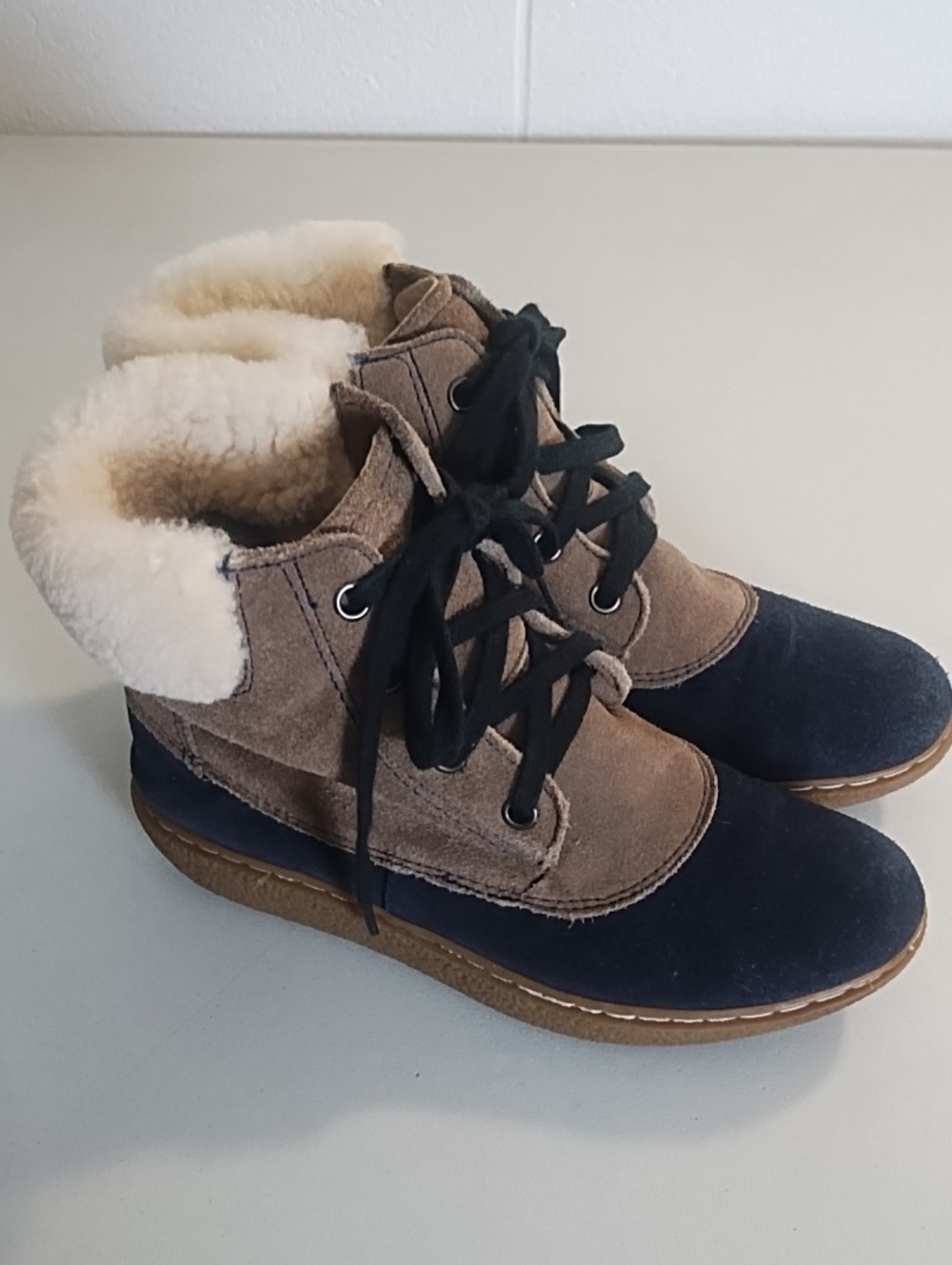 ALL BLACK Brand Suede Shearling Unlined Slouchy Boots in Navy & Brown Soft EU 37
